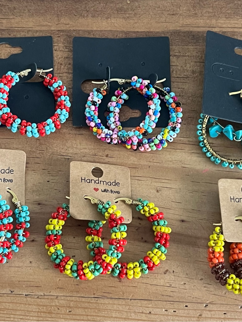 Handmade Colorful Beaded Hoop Earrings - Multicolor 6 pair